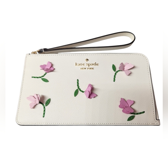 Kate Spade Lucy Medium L-Zip Wristlet with 3-D Pink Floral Appliques
